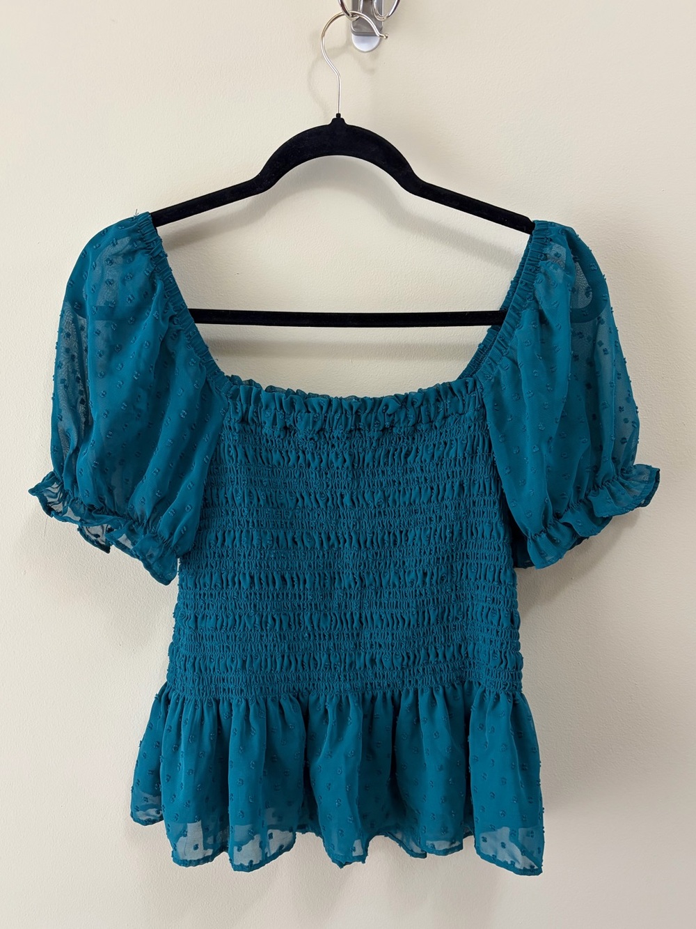 Moa Moa Teal Swiss Dot Square Neck Smocked Peplum Blouse – Women’s XL